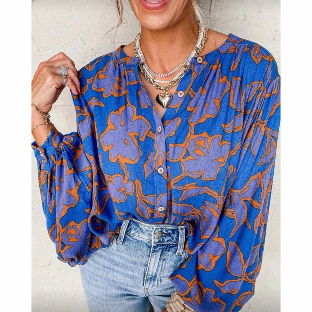 Royal Blue Floral Button Down Back Pleated Oversized Blouse! - Picture 3 of 4